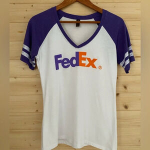 NEW RAGLAN Women’s Small White Purple Orange Logo V-Neck Tee